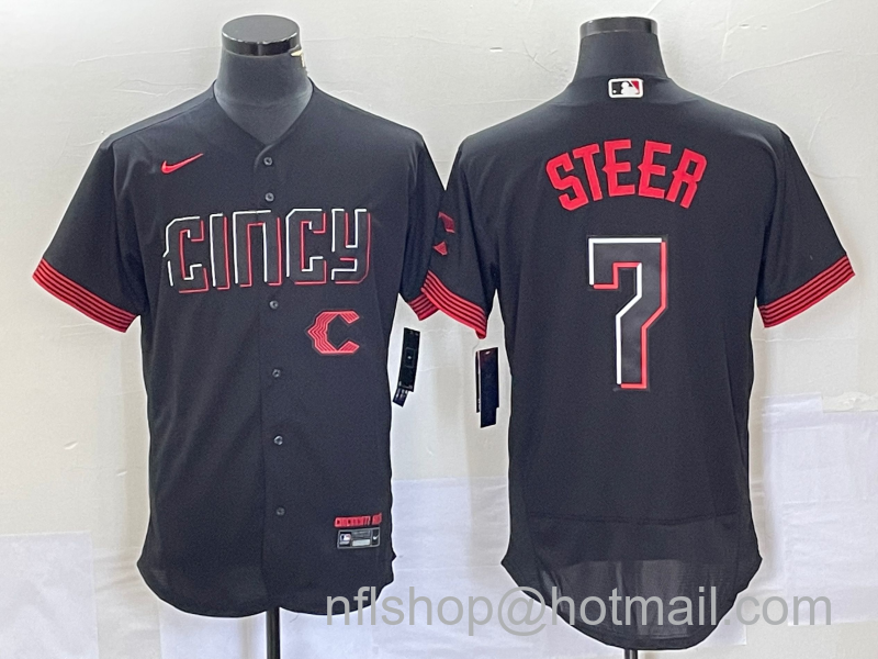 Spencer Steer Men's Cincinnati Reds #7 2023 City Connect Flex Base Stitched Jersey - Black