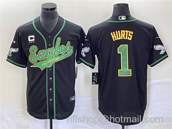 Jalen Hurts Men's Philadelphia Eagles #1 With C Patch Cool Base Stitched Baseball Jersey - Black