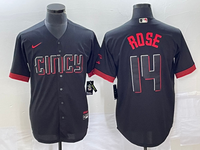 Pete Rose Men's Cincinnati Reds #14 2023 City Connect Cool Base Stitched Jersey - Black