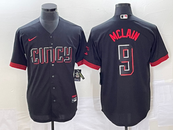 Matt McLain Men's Cincinnati Reds #9 2023 City Connect Cool Base Stitched Jersey - Black