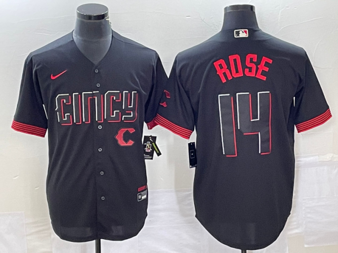 Pete Rose Men's Cincinnati Reds #14 2023 City Connect Cool Base Stitched Jersey 1 - Black