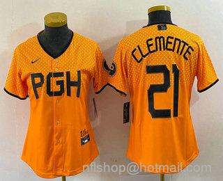 Roberto Clemente Women's Pittsburgh Pirates #21 2023 City Connect Stitched Jersey - Yellow