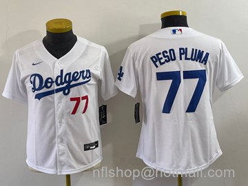 Peso Pluma Women's Los Angeles Dodgers #77 Number Stitched Cool Base Nike Jersey - White