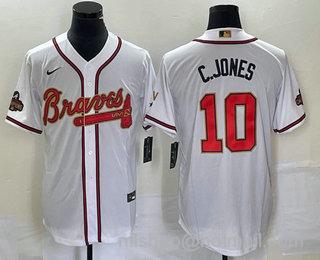 Chipper Jones Men's Atlanta Braves #10 2022 World Series Champions Program Cool Base Stitched Baseball Jersey - White Gold