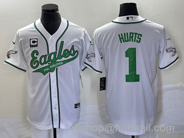 Jalen Hurts Men's Philadelphia Eagles #1 C Patch Cool Base Stitched Baseball Jersey - White