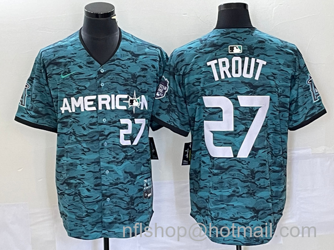 Mike Trout Men's Los Angeles Angels #27 2023 All Star Cool Base Stitched Jersey3 - Number Teal