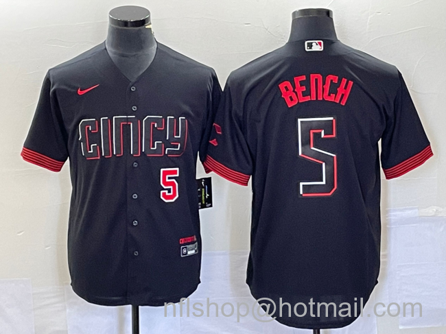 Johnny Bench Men's Cincinnati Reds #5 2023 City Connect Cool Base Stitched Baseball Jersey1 - Number Black