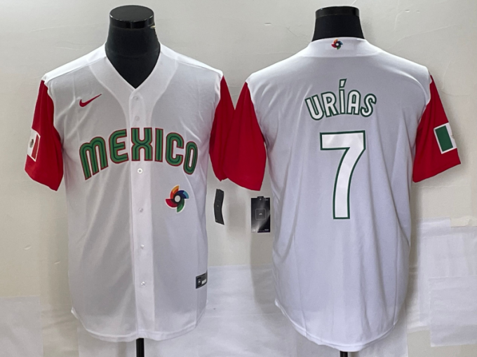 Julio Urias Men's Mexico Baseball #7 Number 2023 World Classic Stitched Jersey 39 - White Red