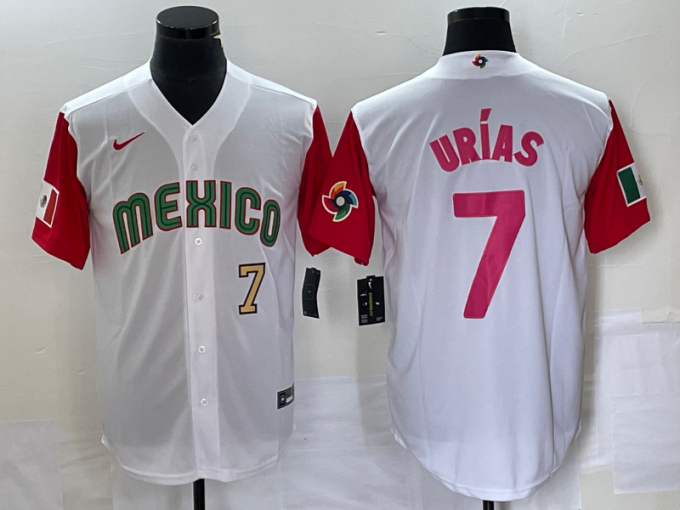 Julio Urias Men's Mexico Baseball #7 Number 2023 World Classic Stitched Jersey 27 - White Red