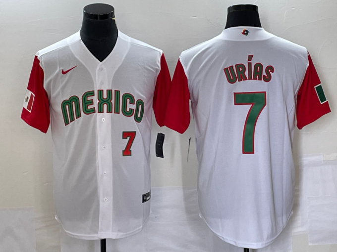 Julio Urias Men's Mexico Baseball #7 Number 2023 World Classic Stitched Jersey 51 - White Red