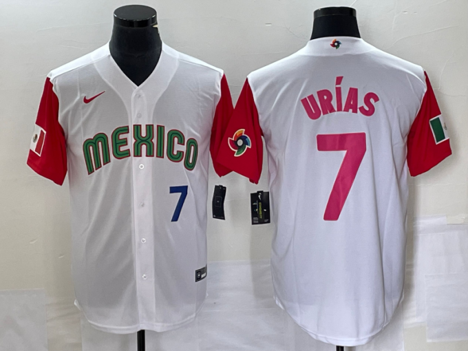 Julio Urias Men's Mexico Baseball #7 Number 2023 World Classic Stitched Jersey 28 - White Red