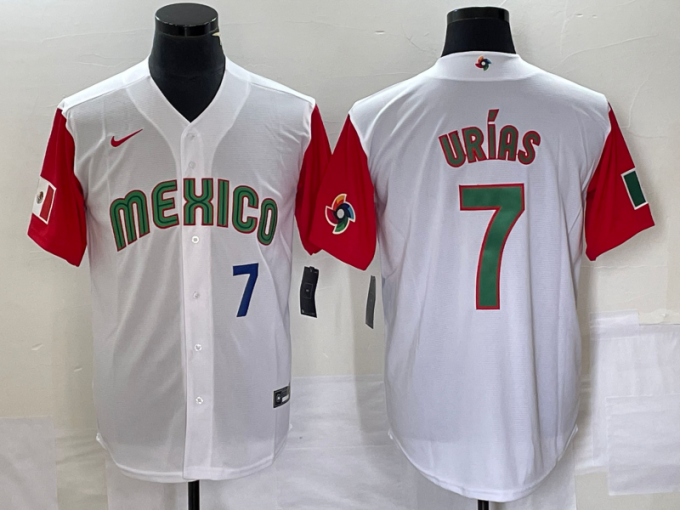 Julio Urias Men's Mexico Baseball #7 Number 2023 World Classic Stitched Jersey49 - White Red