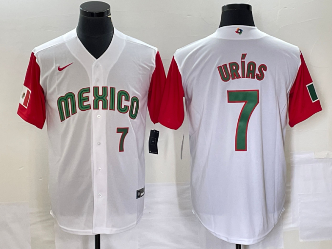 Julio Urias Men's Mexico Baseball #7 Number 2023 World Classic Stitched Jersey 55 - White Red