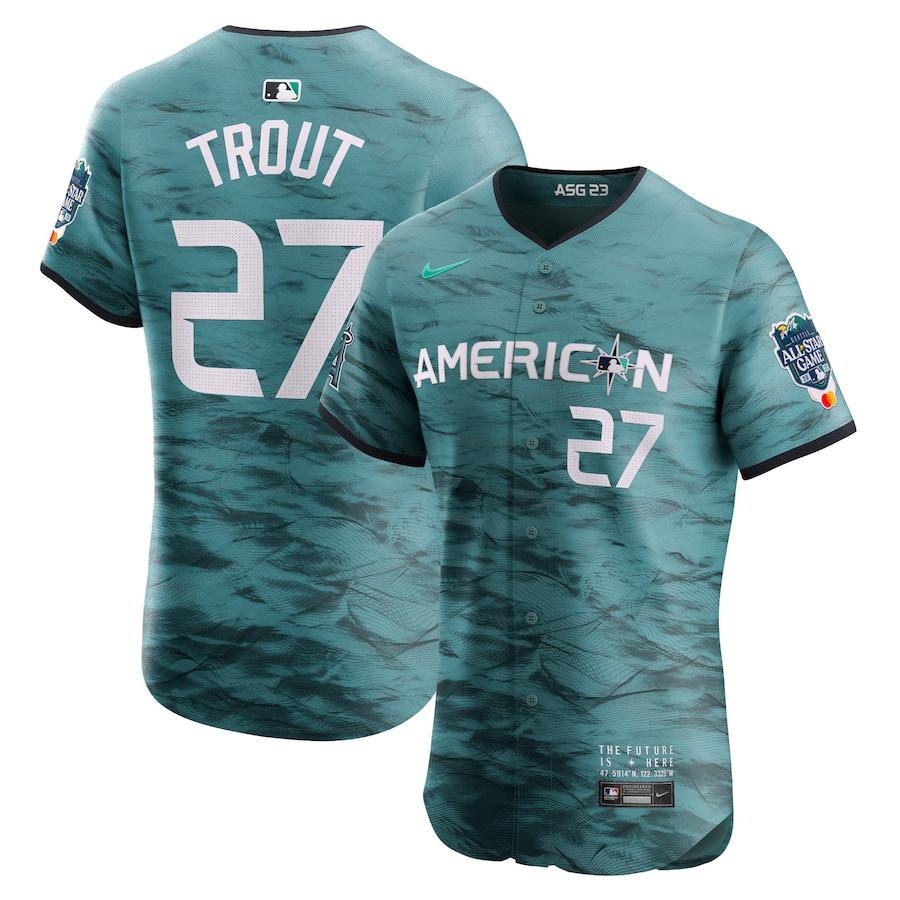 Mike Trout #27 Men's American League 2023 MLB All-Star Game Flex Base Stitched Baseball Jersey - Teal