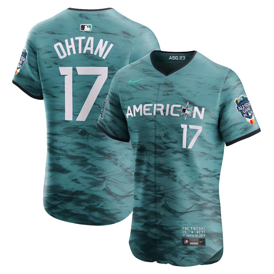 Shohei Ohtani #17 Men's American League 2023 MLB All-Star Game Flex Base Stitched Baseball Jersey - Teal