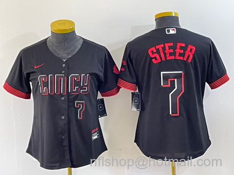 Spencer Steer Women's Cincinnati Reds #7 Numer 2023 City Connect Cool Base Stitched Baseball Jersey2 - Black