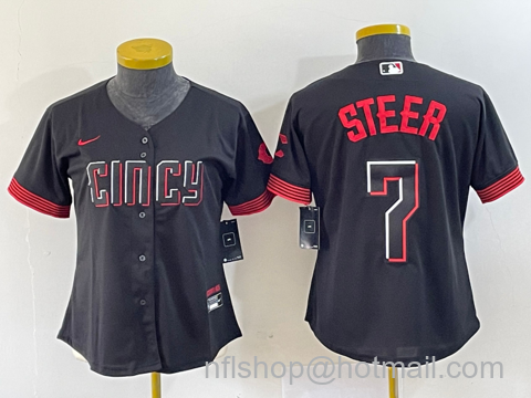 Spencer Steer Women's Cincinnati Reds #7 2023 City Connect Cool Base Stitched Baseball Jersey - Black