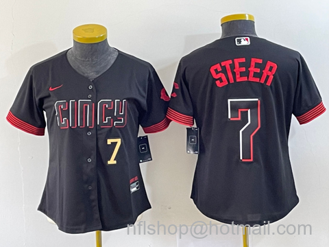 Spencer Steer Women's Cincinnati Reds #7 Numer 2023 City Connect Cool Base Stitched Baseball Jersey - Black