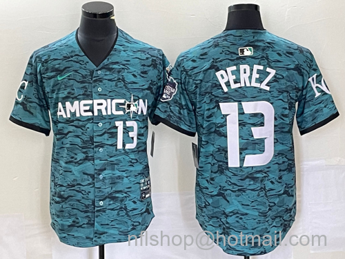 Salvador Perez Men's Kansas City Royals #13 2023 All Star Cool Base With Patch Stitched Baseball Jersey - Teal