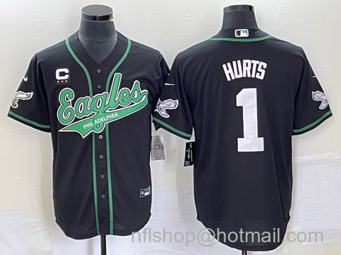 Jalen Hurts Men's Philadelphia Eagles #1 With C Patch Cool Base Stitched Baseball Jersey - Black