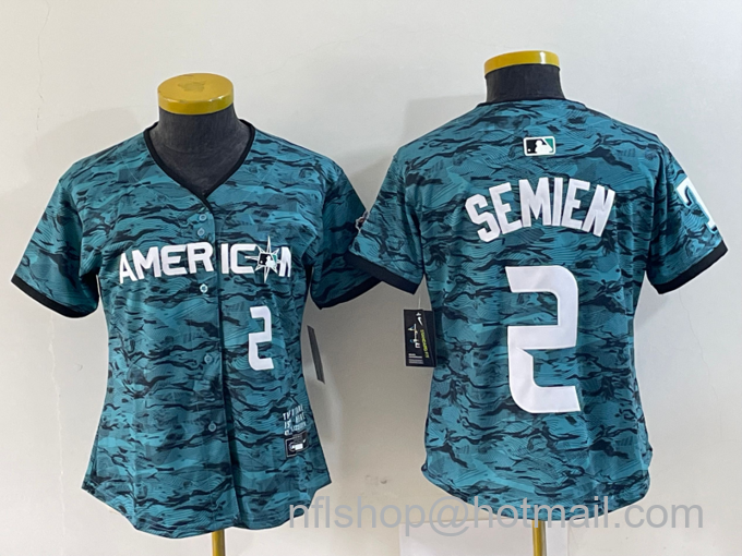 Women's Texas Rangers #2 Marcus Semien Number Teal 2023 All Star Stitched Baseball Jersey