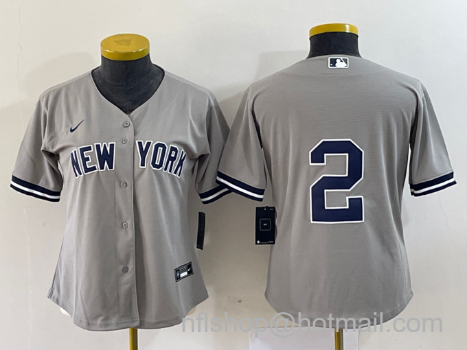 Women's New York Yankees #2 Derek Jeter Grey No Name Stitched Cool Base Jersey