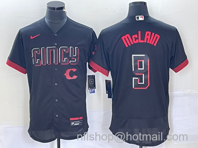 Men's Cincinnati Reds #9 Matt McLain Black 2023 City Connect Flex Base Stitched Jersey1