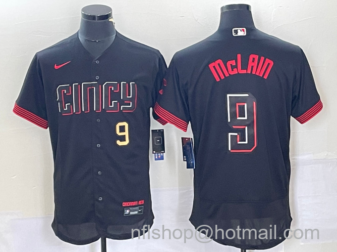 Men's Cincinnati Reds #9 Matt McLain Number Black 2023 City Connect Flex Base Stitched Jersey1