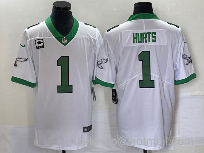 Men's Philadelphia Eagles #1 Jalen Hurts White Kelly Green With C Patch Jersey