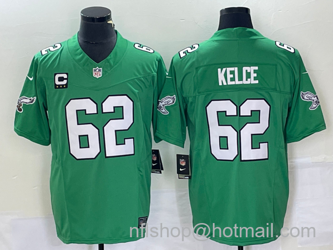 Men's Philadelphia Eagles #62 Jason Kelce Green C Patch 2023 FUSE Vapor Limited Throwback Stitched Jersey