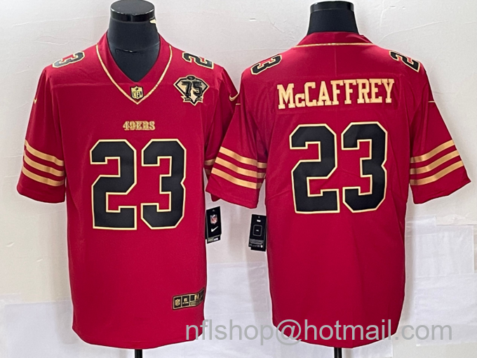 Men's San Francisco 49ers #23 Christian McCaffrey Red 75th Patch Golden Edition Stitched Nike Limited Jersey