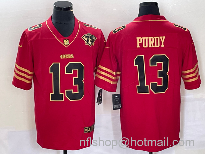 Men's San Francisco 49ers #13 Brock Purdy Red 75th Patch Golden Edition Stitched Nike Limited Jersey