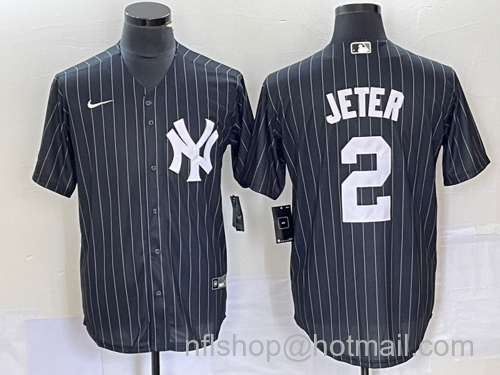 Derek Jeter Men's New York Yankees #2 Pinstripe Cool Base Stitched Baseball Jersey - Black