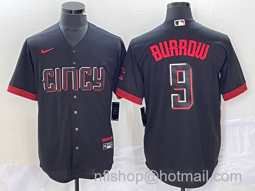 Joe Burrow Men's Cincinnati Reds #9 2023 City Connect Cool Base Stitched Baseball Jersey - Black