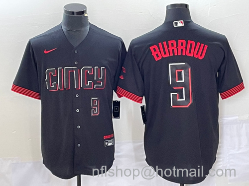 Joe Burrow Men's Cincinnati Reds #9 2023 City Connect Cool Base Stitched Baseball Jersey2 - Number Black