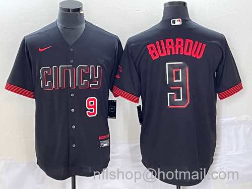 Joe Burrow Men's Cincinnati Reds #9 2023 City Connect Cool Base Stitched Baseball Jersey - Number Black