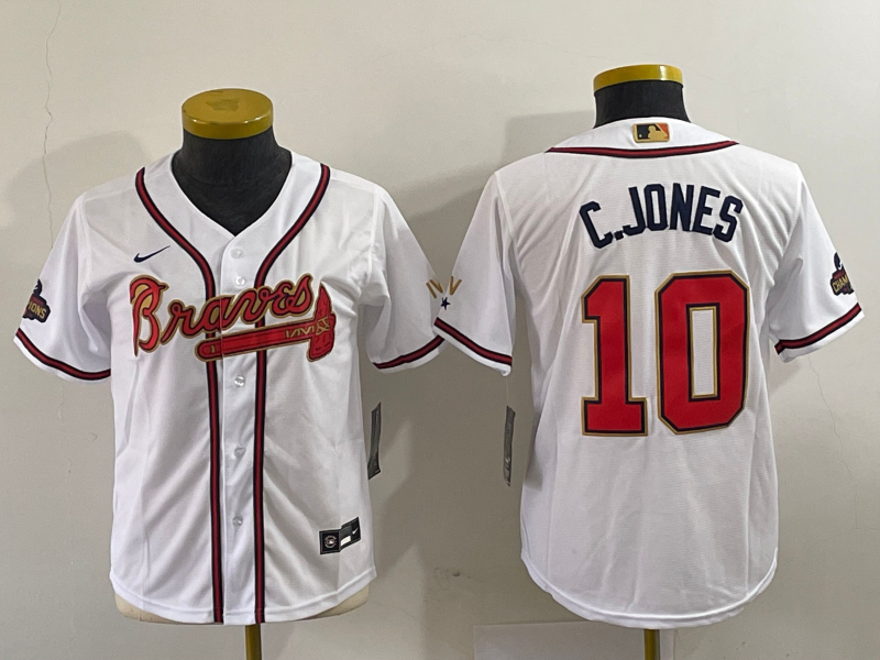 Youth Atlanta Braves #10 Chipper Jones 2022 White Gold World Series Champions Cool Base Stitched Jersey