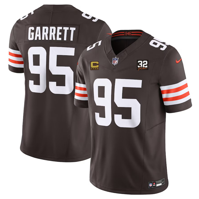 Men's Cleveland Browns #95 Myles Garrett Brown 2023 F.U.S.E. With 4-Star C Patch And Jim Brown Memorial Patch Vapor Untouchable Limited Football Stitched Jersey