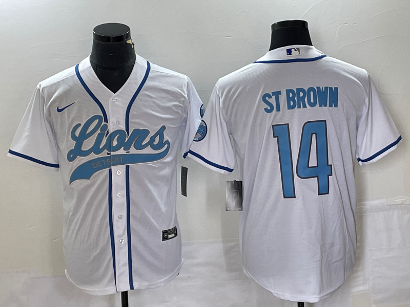 Men's Detroit Lions #14 Amon Ra St Brown White With Patch Cool Base Stitched Baseball Jersey