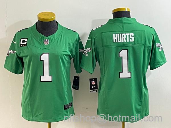 Women's Philadelphia Eagles #1 Jalen Hurts Green 2023 F.U.S.E. With C Patch Stitched Football Jersey(Run Small)