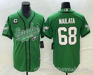 Men's Philadelphia Eagles #68 Jordan Mailata Green C Patch Cool Base Stitched Baseball Jersey