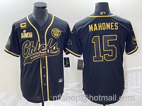 Men's Kansas City Chiefs #15 Patrick Mahomes Black Gold C Patch Super Bowl LVII Cool Base Stitched Baseball Jersey