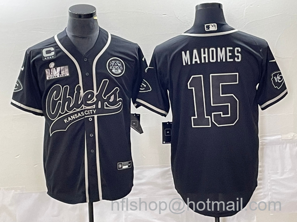 Men's Kansas City Chiefs #15 Patrick Mahomes Black C Patch Super Bowl LVII Cool Base Stitched Baseball Jersey