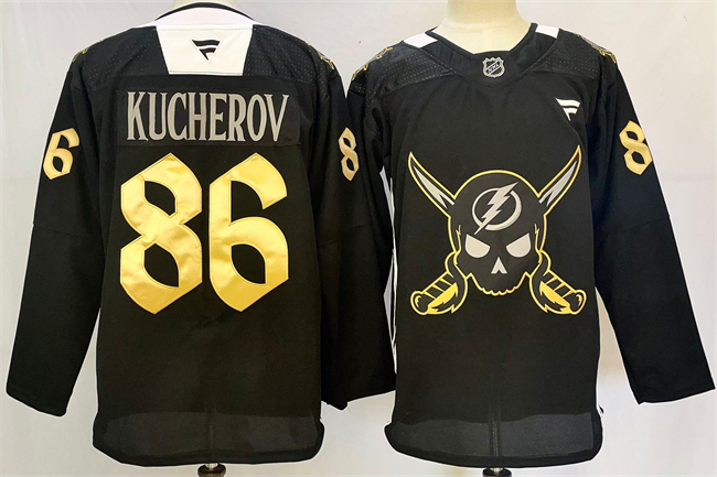 Men's Tampa Bay Lightning #86 Nikita Kucherov 2024-25 Black Gasparilla inspired Pirate-themed Warmup Stitched Jersey