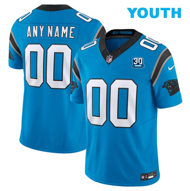 Youth Custom Carolina Panthers Blue 2024 30th Anniversary Patch F.U.S.E. Vapor Limited Stitched Football Jersey