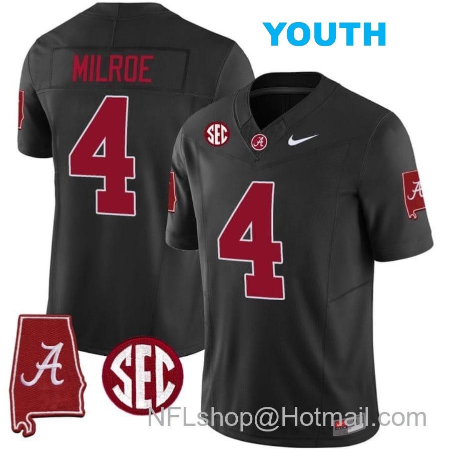 Nike Youth Jalen Milroe Jersey #4 Alabama Crimson Tide Vapor Stitched Football Alabama Map Black