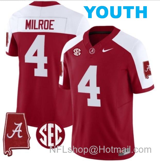 Nike Youth Jalen Milroe Jersey #4 Alabama Crimson Tide Vapor Stitched Football Alabama Map Crimson