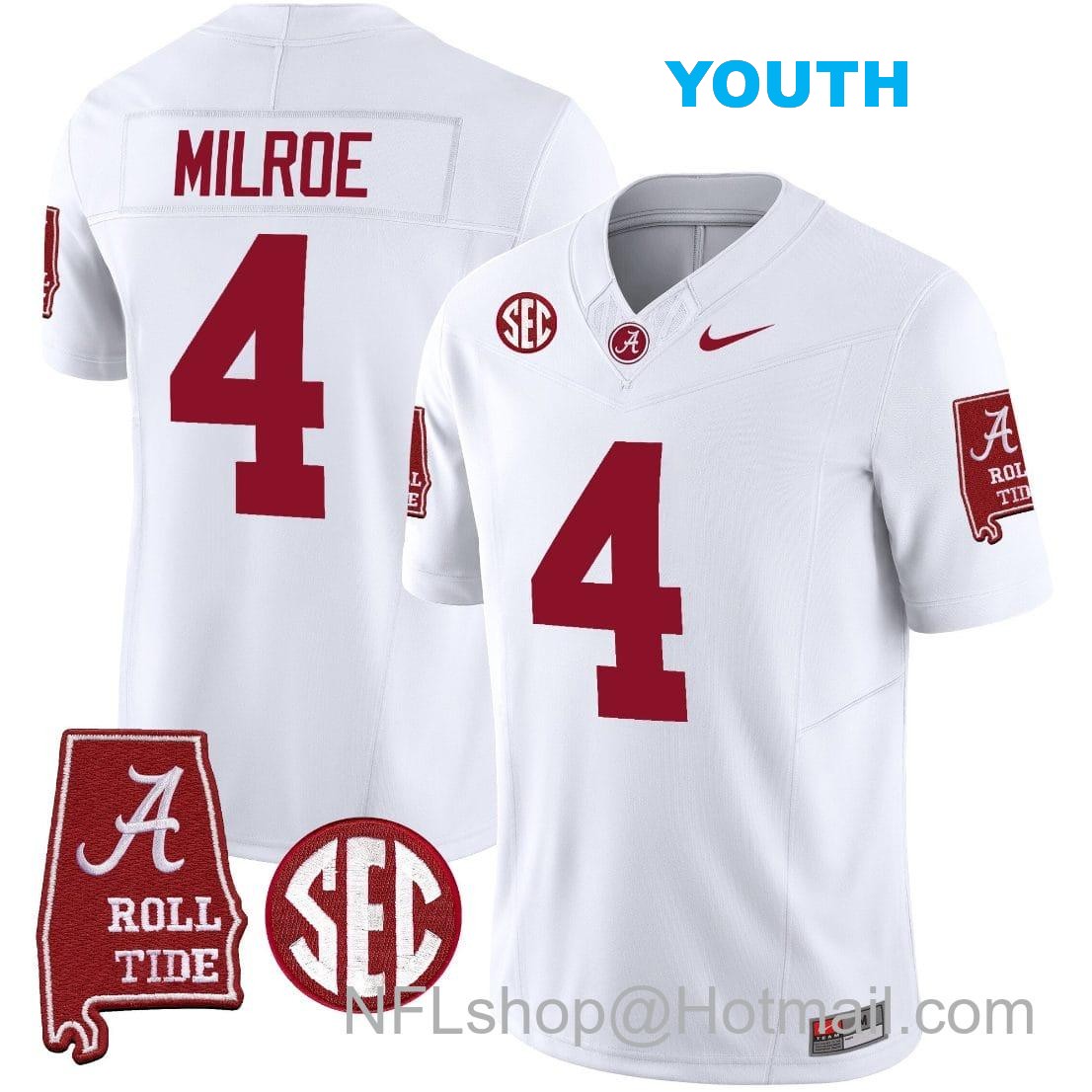 Nike Youth Jalen Milroe Jersey #4 Alabama Crimson Tide Vapor Limited Football Alabama Map White