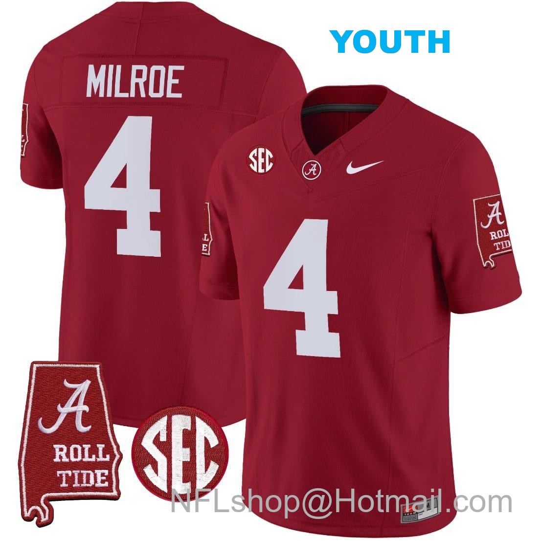 Nike Youth Jalen Milroe Jersey #4 Alabama Crimson Tide Vapor Limited Football Alabama Map Crimson