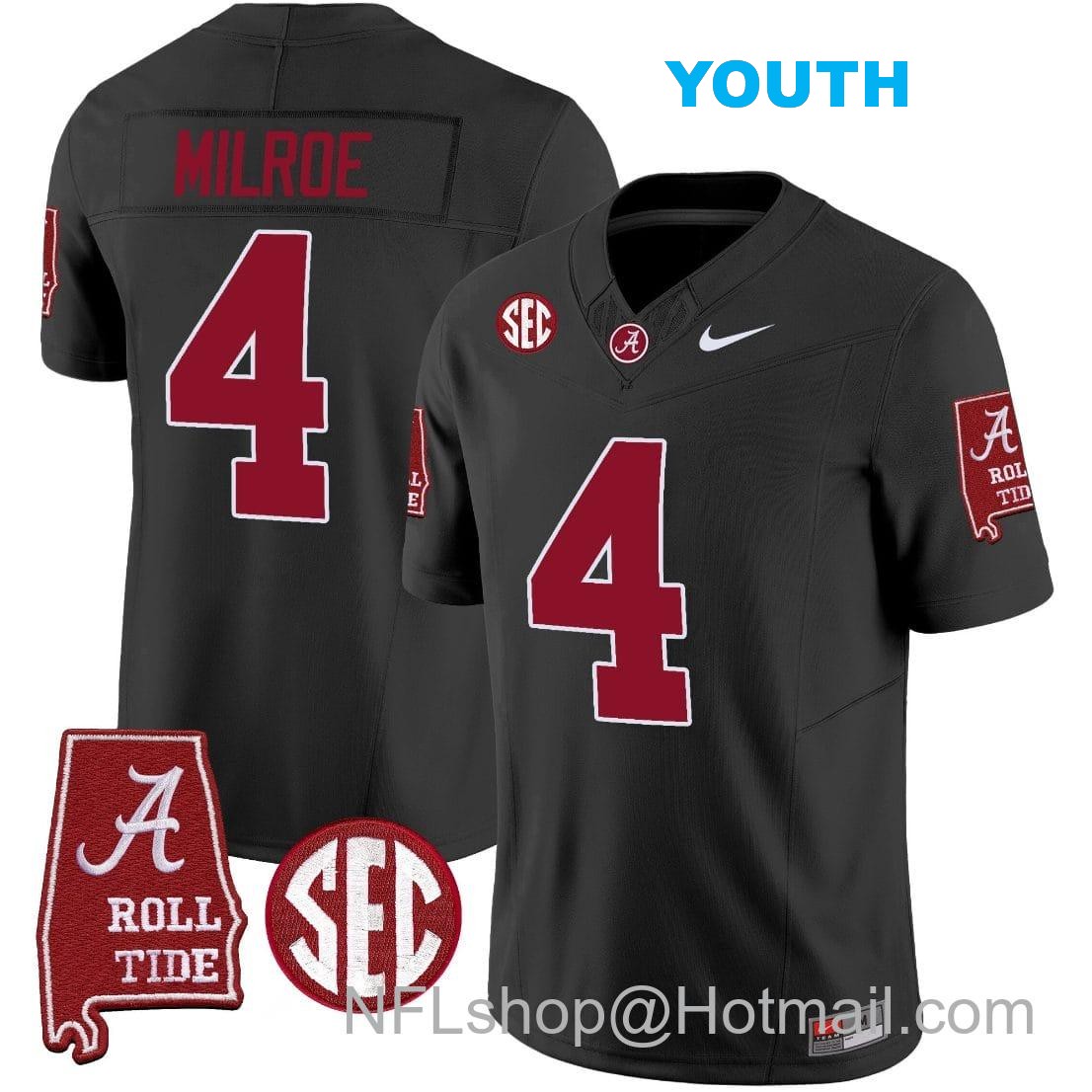 Nike Youth Jalen Milroe Jersey #4 Alabama Crimson Tide Vapor Limited Football Alabama Map Black